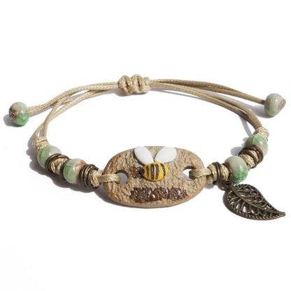 Handcrafted Bohemian Ceramic Flower Bracelet with Leaf Charm, Adjustable Beaded Bracelet for Women, Unique Handmade Jewelry Gift for Nature Lovers - style: Farmhouse