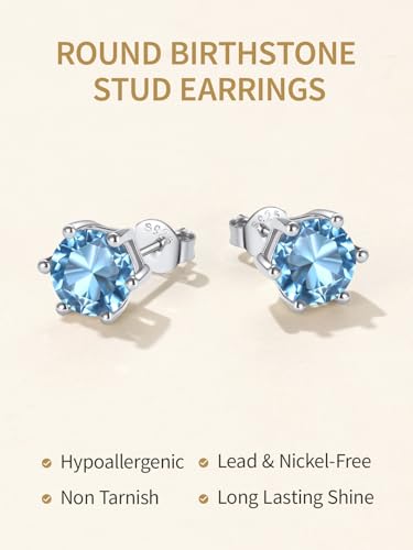 FindChic 2 Carat Birthstone Stud Earrings for Women, Round/Heart/Princess Cut Stud Earrings, Hypoallergenic Studs with 925 Sterling Silver Posts, 12 Months Birthday Jewelry Gift - color: 02. February-Amethyst(Round Cut )