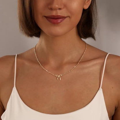 Gold Silver Necklace for Women, Dainty Cubic Zirconia Pendant | Teardrop CZ Charm, 14K Gold/Sterling Silver Plated, Adjustable Chain, Hypoallergenic & Waterproof Jewelry, Cute Trendy Gift - color: Gold-Bow/figaro chain