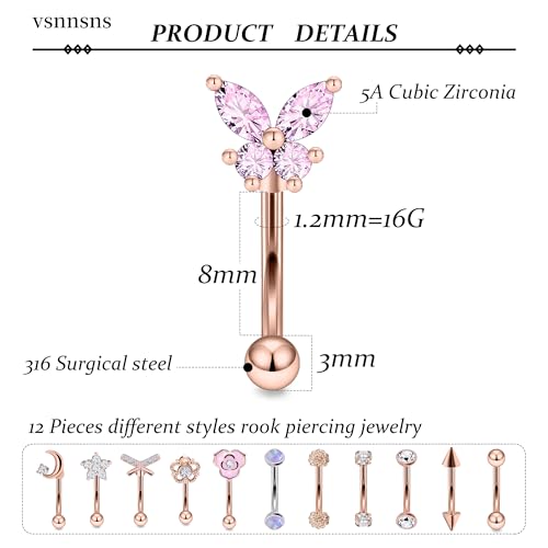 Rook Daith Piercing Jewelry 16G Stainless Surgical Steel Curved Barbell Eyebrow Rings Vertical Labret Lip Piercing Jewelry Rook Daith Earrings for Women Men 6MM 8MM 10MM Hypoallergenic - color: Rose Gold Tone