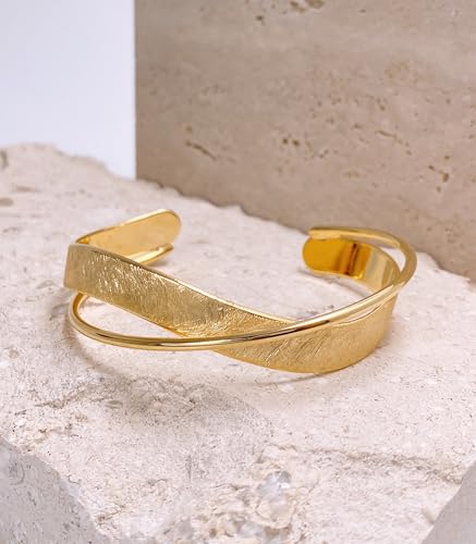 OZEL – Women’s Gold Cuff Bracelets – 18K Gold Plated Textured Bangles with Multi-Color Crystal & Rhinestone Accents – Layered Stacking Jewelry - color: 200704
