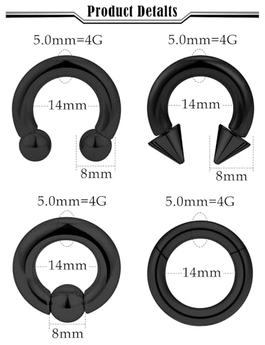 12G-2G Large Septum Ring Piercing PA Ring Hypoallergenic 316L Surgical Steel Septum Nose Rings Gauges Earrings Hoops CBR Body Piercing Jewelry for Women Men Inner Diameter 12mm 14mm 16mm - color: Black, size: 4G-14mm