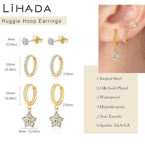 Surgical Steel Small Gold Huggie Hoop Earrings for Women Hypoallergenic - color: G-Plum Blossom