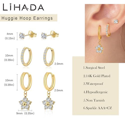 Surgical Steel Small Gold Huggie Hoop Earrings for Women Hypoallergenic - color: G-Plum Blossom