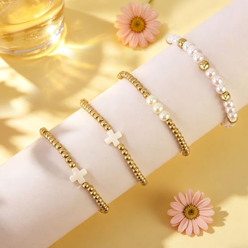 14K Gold Plated Stackable Beaded Bracelets for Women - 4Pcs Cross & Pearl Stretch Bracelet Stack, Waterproof Gold Beaded & Pearl Bracelet Set