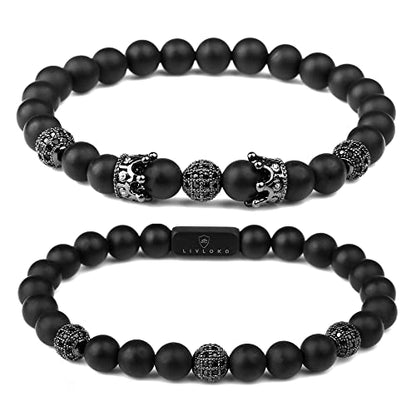 LONDON Mens Bracelet Leather Black Multi-Layer Stone Beads Adjustable Steel Clasp Viking Rope Bands Surfer Man Wristband Male UK Jewellery Gift box Boyfriend Dad Son Brother Tiger Eye - color: J. Designer Black Agate, size: Medium to Large 20-22cm