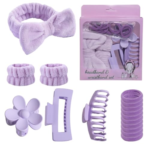 32 PCS Hairband And Accessories Set Plush Face Wash Headbands Wristbands Clips Hair Ties For Spa Bath Bridal Party Gifts, PinkPurple