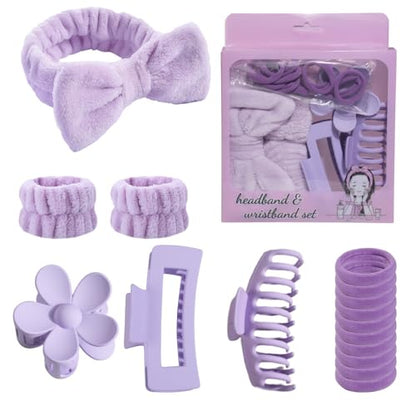 32 PCS Hairband And Accessories Set Plush Face Wash Headbands Wristbands Clips Hair Ties For Spa Bath Bridal Party Gifts, PinkPurple