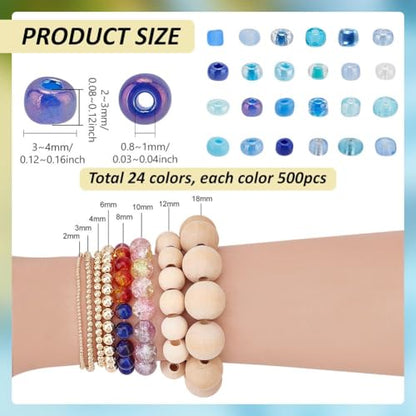 PH PandaHall 12000PCS 24 Styles Glass Seed Beads 3~4mm 8/0 Blue Friendship Waist Bead Round Tiny Loose Spacer Beads Small Craft Seed Mini Glass Bead for Summer Seaside Beading Weaving Bracelet