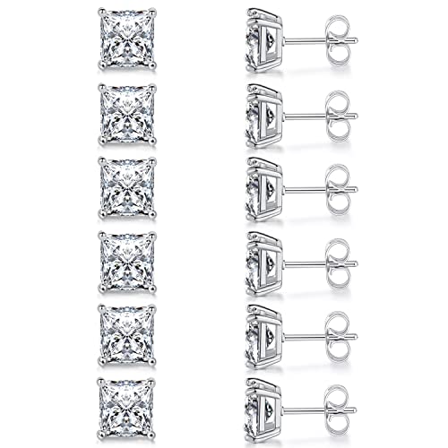 Stud Earring Set for Women Men 18K Yellow/White Gold Plated Princess Cut 4 Prong Graduated Square Clear Cubic Zirconia Pakc of 6 Pairs 3-7mm - color: White gold-7mm-6 pairs