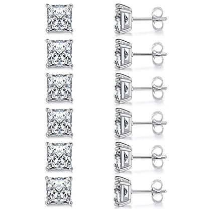 Stud Earring Set for Women Men 18K Yellow/White Gold Plated Princess Cut 4 Prong Graduated Square Clear Cubic Zirconia Pakc of 6 Pairs 3-7mm - color: White gold-7mm-6 pairs