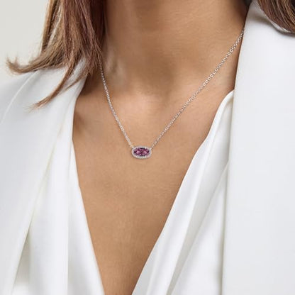 Belacqua Gemstone Necklace in Sterling Silver,Halo Pendant with Accent, Oval Cut 6 * 12mm, 15" Cable Chain with 2" Extender, Spring Ring Clasp, Dainty Birthstone Necklace for Women, Gift Box Included - color: 10-October-Tourmaline Pink