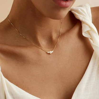 Pearl Necklace for Women, Dainty Pearls Choker Necklace for Women 14K Gold Plated Layered Pendant Necklace Handmade Gold Chain Necklace Everyday Jewelry Gift - color: Three Pearls