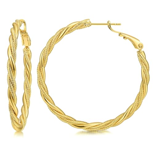 AllenCOCO Gold Hoop Earrings for Women, 18K Gold Plated Twisted Rope Design, Textured Thin Round Hoops with Sterling Silver Post Hypoallergenic 20-70mm - size: 50mm