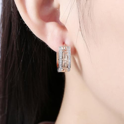 14K Rose Gold Plated Three Row Cubic Zirconia Small Huggie Hoop Earrings Fashion Jewelry for Men Women - color: rose
