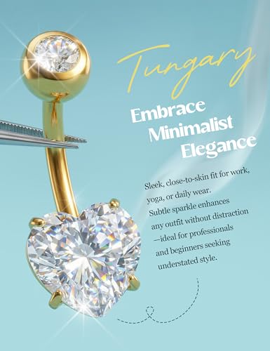 Tungary G23 Titanium Belly Button Rings for Women 14G Internally Threaded | Hypoallergenic Long Navel Piercing Jewelry, 3/8" Implant Grade Dangle Belly Button Piercing, 5A CZ, with Vacuum PVD Finish - color: Heart: 14K Gold Plated
