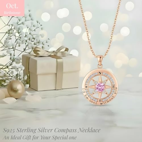 Compass Necklace for Women Wife Girlfriend Mom Daughter Gifts | S925 Silver Jewelry For Anniversary 18K Rose Gold Gifts For Birthday Christmas Mothers Valentines Day 12 Birthstones - style: 10-October-Rose Gold
