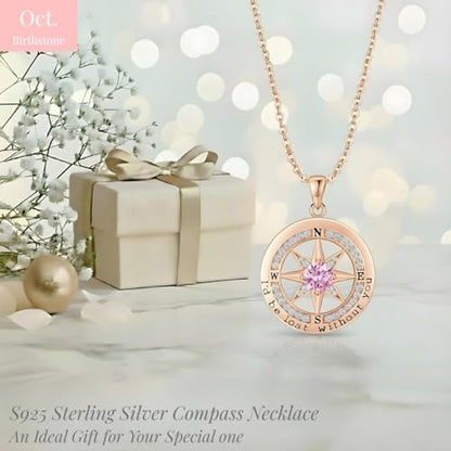 Compass Necklace for Women Wife Girlfriend Mom Daughter Gifts | S925 Silver Jewelry For Anniversary 18K Rose Gold Gifts For Birthday Christmas Mothers Valentines Day 12 Birthstones - style: 10-October-Rose Gold