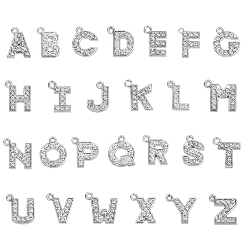MECCANIXITY Alphabet A-Z Letter Charm Jewelry Rhinestones Initial Pendant for Jewelry Making, Bracelet, Craft, Pack of 26, Silver