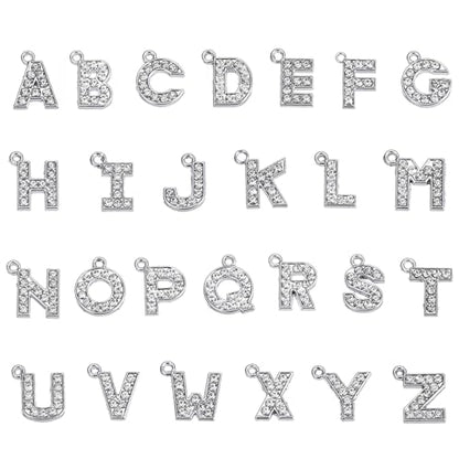 MECCANIXITY Alphabet A-Z Letter Charm Jewelry Rhinestones Initial Pendant for Jewelry Making, Bracelet, Craft, Pack of 26, Silver