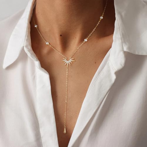Lariat Gold Necklace for Women, Dainty Long Necklace 14k Gold Plated/Silver Y-Shaped Pendant Necklace Trendy Layered Cz Beaded Chain Drop Necklaces Simple Gold Jewelry for Women Gift - style: LC-1NK-24311-GDW
