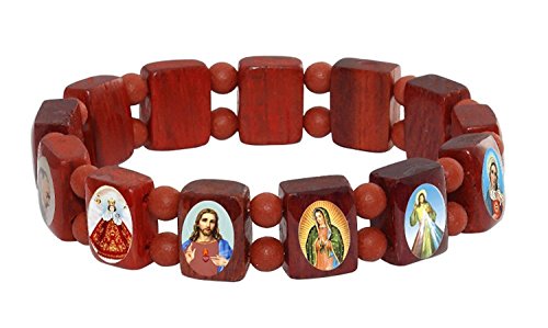 Catholica Shop Devotional Catholic Religious Wood Stretch Bracelets. Small and Large Panels with Assorted Images of Saints, Jesus and Mary. Unisex. Handcrafted in Brazil - style: Small Panel Red Tone