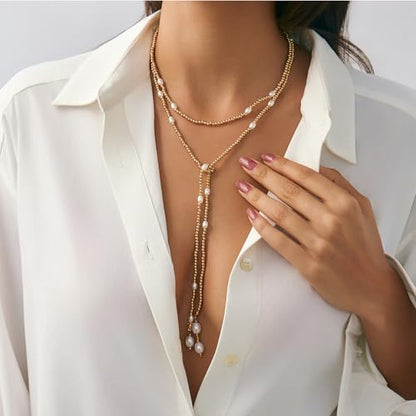 Long Wrap Necklaces for Women Dainty Layered Pearl Chain Necklace Turquoise Wrap Necklaces Long Lariat Necklace Statement Y-shaped Beaded Choker Trendy Costume Jewelry Accessories - color: Gold pearl
