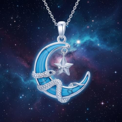 925 Sterling Silver Turquoise Moon Pendant Necklace for Women, Snake/Flower/Bow/Tree of Life/Star Moon Necklace, Dainty Jewelry for Daily Wear & Gifts - style: Style 6