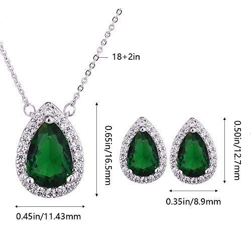 Women's Wedding Jewelry Set for Bride Teardrop CZ Necklace Earrings Set | Sterling Silver Pear Shape Necklace and Studs Crystal Rhinestone Costume Jewelry for Party Prom Bridesmaids - color: Emerald