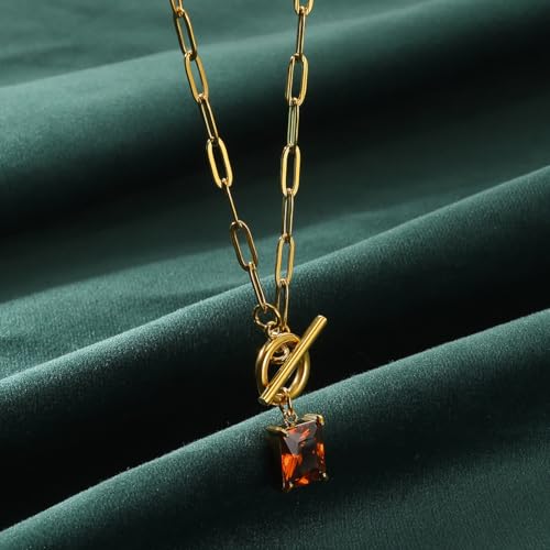 Diamond Necklaces for Women Natural Stone Paperclip Toggle Necklace 14K Gold Plated Emerald Birthstone Necklace for Women Paper Clip Chain Blue Green Cubic Zirconia Pendant Birthday Gifts for Women Mother Jewelry - color: 01. January(Garnet)