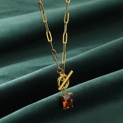 Diamond Necklaces for Women Natural Stone Paperclip Toggle Necklace 14K Gold Plated Emerald Birthstone Necklace for Women Paper Clip Chain Blue Green Cubic Zirconia Pendant Birthday Gifts for Women Mother Jewelry - color: 01. January(Garnet)