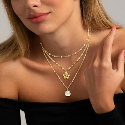 Hothty Layered Shell Starfish Necklaces for Women,Dainty Waterproof Boho Charm Pendant Necklace Seashell Pearl Beach Necklaces Set Jewelry Gifts - color: shell necklace-1010