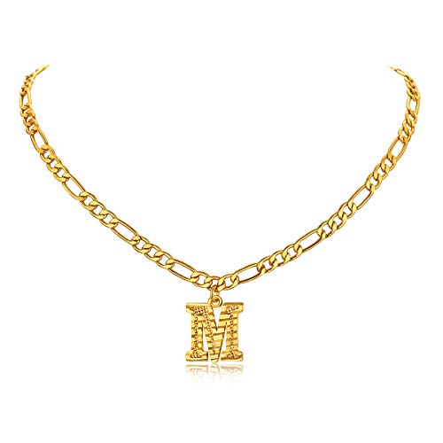 14K Gold Plated Initial Necklaces for Women Men A-Z Letter Necklaces | Figaro Chain, 16"+2" Adjustable Length, with Gift Box - style: M