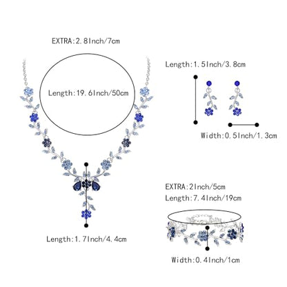 Women's Wedding Jewelry Set for Bride,Prom Bridal Accessories | Bling Crystal,Flower Leaf Cluster,Dangle Earrings Pendant Necklace Set,for Bridesmaid,Party Jewellery - color: 3Pcs-Blue Silver-Tone