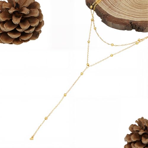 14K Gold Plated Y Necklace for Women – Dainty Lariat Long Pendant Chain, Layered Drop Necklace for V Neck Dress, Simple Sexy Cleavage Jewelry Gifts for Women - color: Gold - Double Layer - Bead