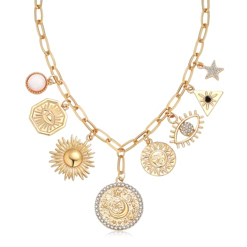 Charm Necklace for Women Gold Evil Eye Sun Moon Flower Coin Pendant Necklace Dainty Paperclip Chain Vintage Luck Amulet Choker Necklaces Celestial Jewelry Gift - style: 8 Coin Charms