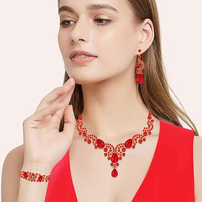 Paxuan Crystal Bridal Wedding Jewelry Sets for Women Rhinestone Teardrop Crystal Statement Choker Necklace Drop Earrings Link Bracelets Rings Teardrop Jewelry Set for Brides Bridesmaids - color: Necklace+Earrings+Bracelet+Ring（Red）New