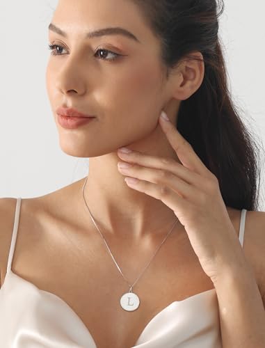 YL Initial Necklace 925 Sterling Silver Square/Round/Heart Letter Pendant A-Z Alphabet Polished Jewelry for Women - color: Letter-A, style: Round Shaped