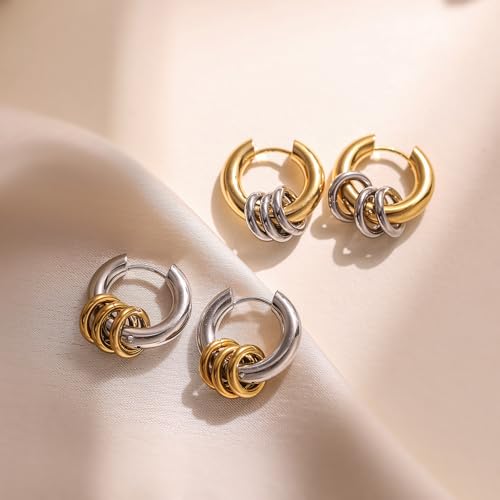 18K Gold Plated Stainless Steel Round Hoop Earrings For Women Non-Fading Jewelry - color: gold with small silver circle