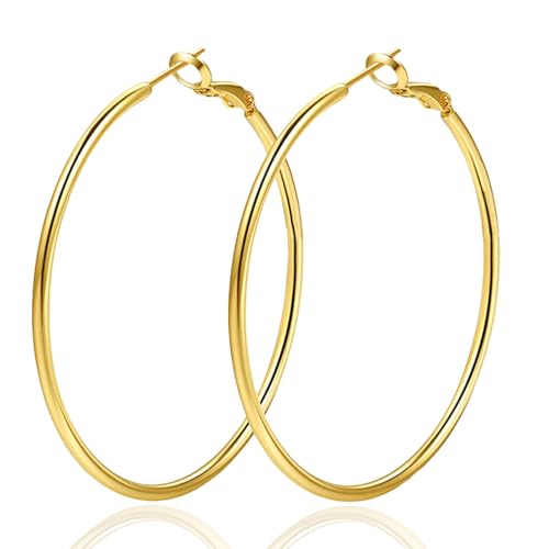 1 Pairs 60/70mm Silver 14K Gold Rose Gold Hoop Earrings for Women Hypoallergenic Stainless Steel Lightweight Big Hoops Shiny Dangle Earrings Trendy Jewelry Gifts - color: 70mm-Gold Hoop Earrings