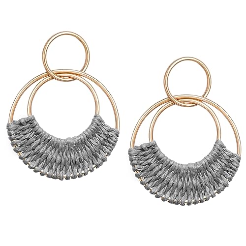 Raffia Hoop Earrings for Women Fun Boho Summer Beach Earrings Lightweight Handmade Straw Wicker Rattan Dangle Earrings Statement Geometric Round Drop Earrings - color: Grey - Round