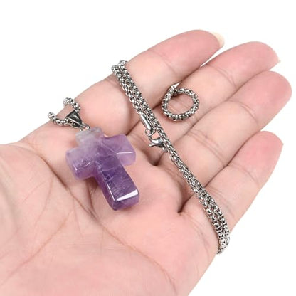 Justinstones 32mm Gemstone Carved Cross Reiki Chakra Pendant With Stainless Steel Necklace 22 Inch - color: Amethyst