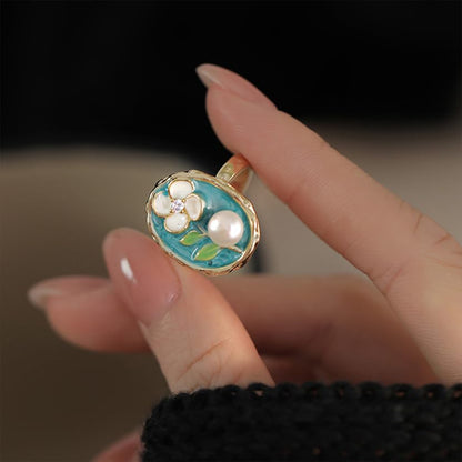 Fashion Enamel Flower Pearl Open Rings For Women 14k Gold-Tone Plated Vintage Floral Leaf Unique Finger Band Stackable Wedding Ring Adjustable Cocktail Party Statement Jewelry Gifts Mother Day Birthday
