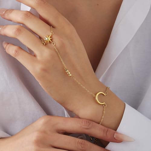 Lunar Hand Chain – Adjustable 18K Gold Plated Crescent Moon Bracelet for Women Delicate Gold Moon Jewelry Lightweight Elegant Charm Bracelet - color: Steel