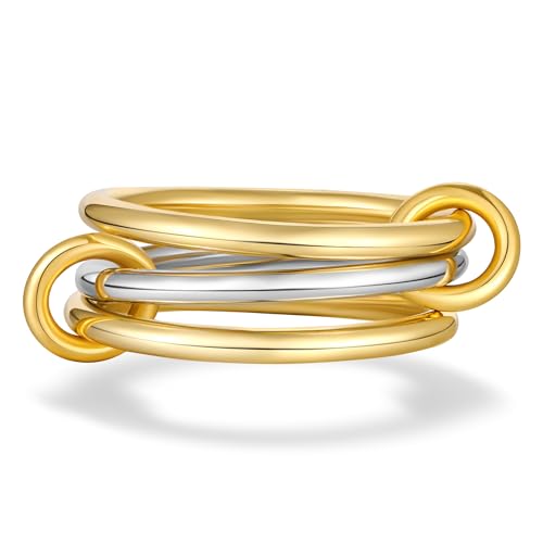 AllenCOCO 14K Gold Plated Stackable Rings, 3 Ring Set with CZ Cubic Zirconia, Gold & Silver Stacked, Interlocking Band for Women Statement