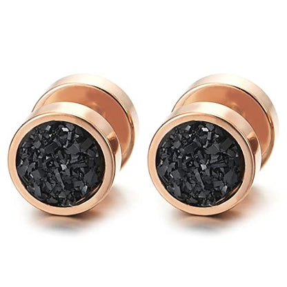 10mm Women Mens Black Circle Stud Earrings Black Glitter, Steel Cheater Fake Ear Plugs Gauges Tunnel - color: Metal color: Rose gold; Stone Color: Black