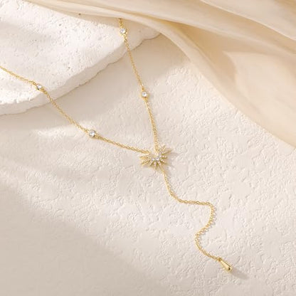 Lariat Gold Necklace for Women, Dainty Long Necklace 14k Gold Plated/Silver Y-Shaped Pendant Necklace Trendy Layered Cz Beaded Chain Drop Necklaces Simple Gold Jewelry for Women Gift - style: LC-1NK-24311-GDW