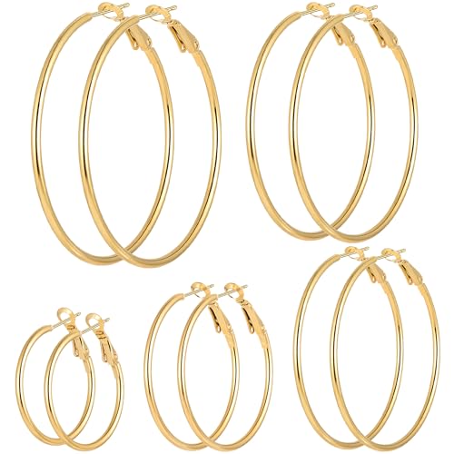 5/12 Pairs Gold Silver Plated Hoop Earrings for Women, Hypoallergenic Stainless Steel Hoops Earrings Set, Lightweight Large Small Hoops Women Earrings Loop Earrings Set - color: 5 Pairs Gold Plated