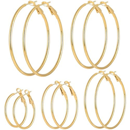 5/12 Pairs Gold Silver Plated Hoop Earrings for Women, Hypoallergenic Stainless Steel Hoops Earrings Set, Lightweight Large Small Hoops Women Earrings Loop Earrings Set - color: 5 Pairs Gold Plated
