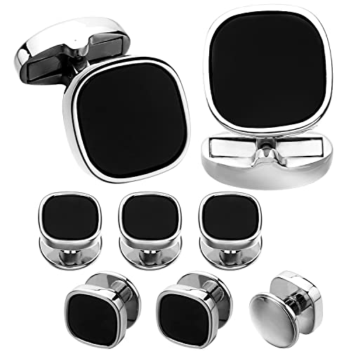 HAWSON Cufflinks and Studs for Men-Black Stone Mens Fashion Gun-Black Cufflinks and Tuxedo Shirt Studs Set for Regular Weeding Business Accessories - color: Silver+Black